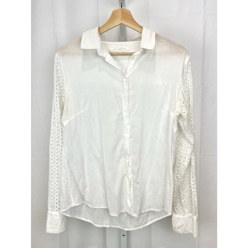 AKIABARA Womens Size 4 US 10 Eyelet Sleeve Button Down Shirt Cotton White